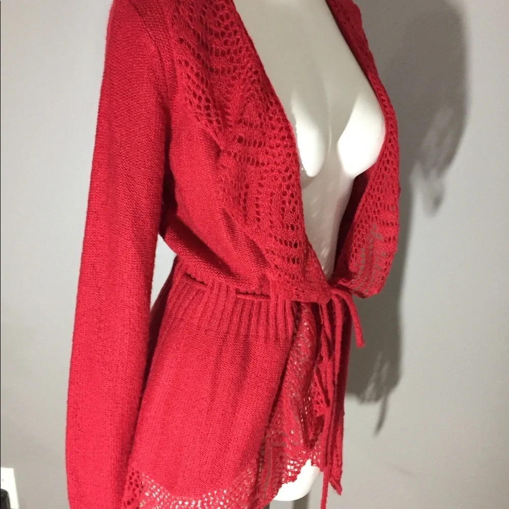 Elle Red Sweater With Crochet Lace edges and Tie Front XS - Picture 7 of 10